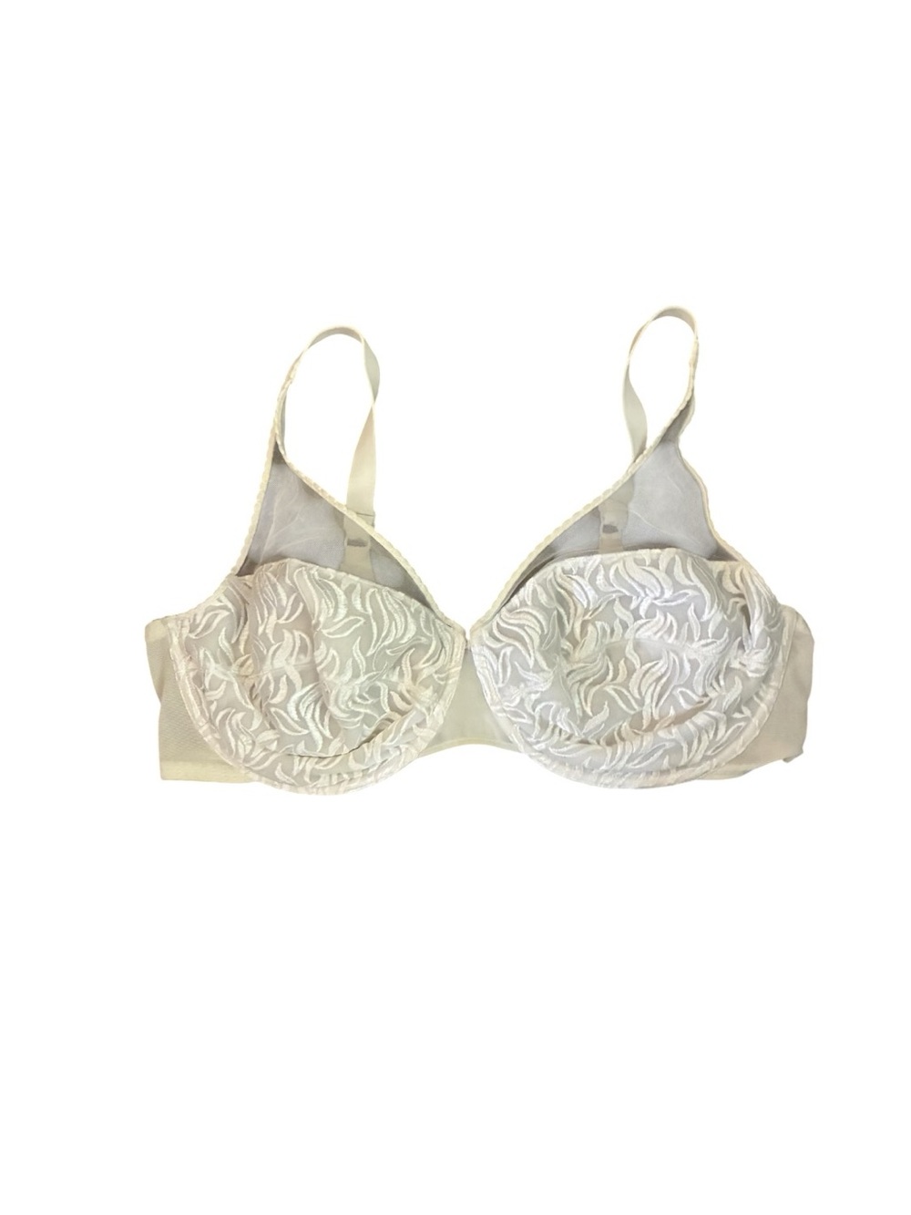 Vintage 90s Playtex Underwire Bra Embroidered Mesh Full Coverage White 42D